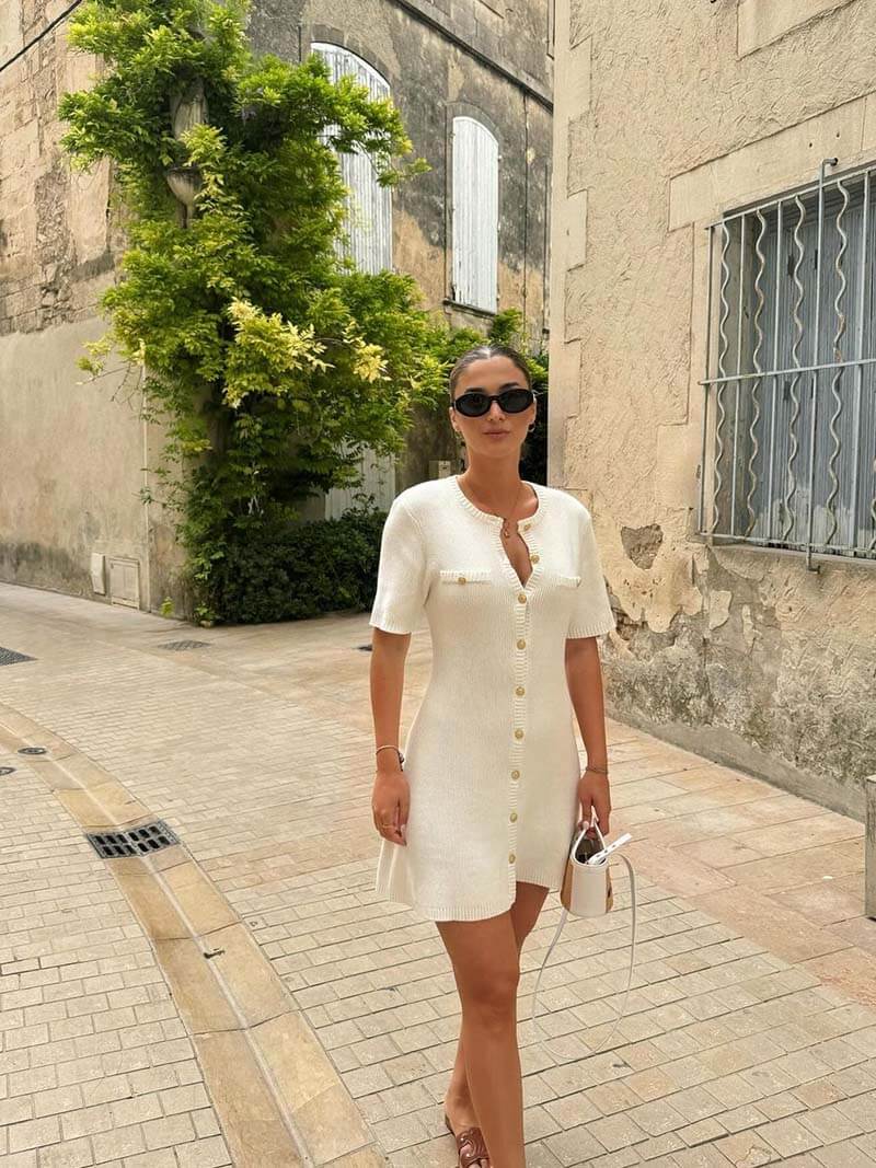 Ribbed Gold Button Mini Dress