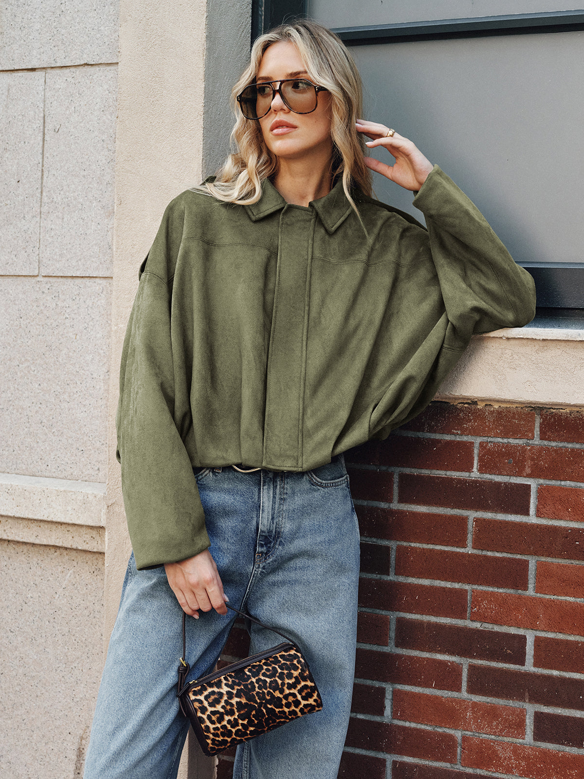 Green Faux Suede Cropped Jacket