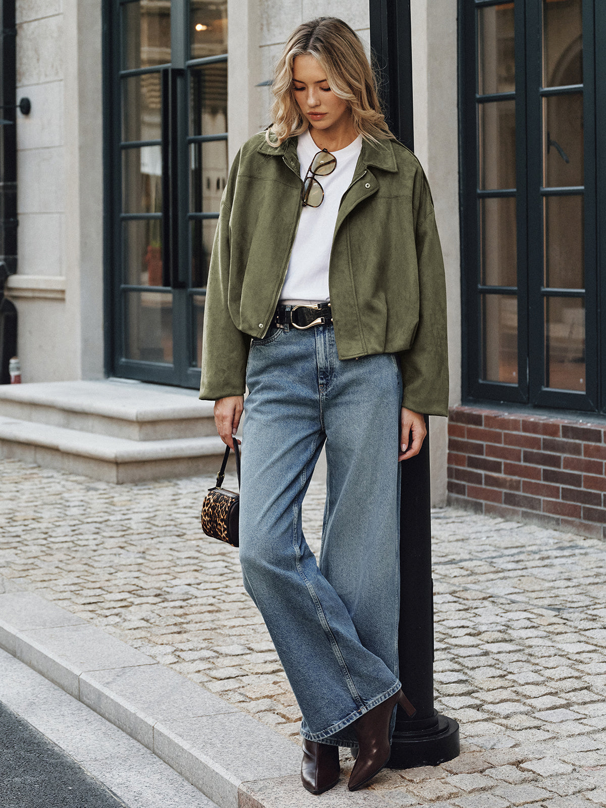 Green Faux Suede Cropped Jacket