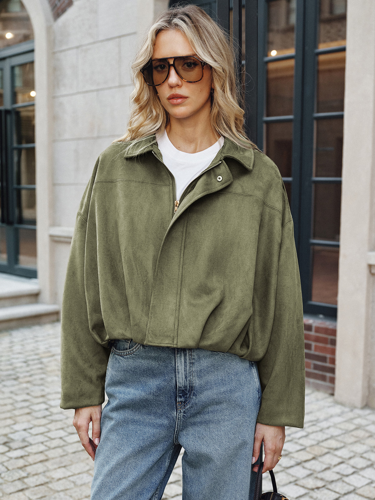 Green Faux Suede Cropped Jacket
