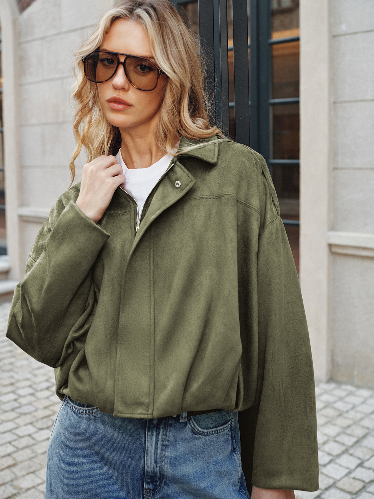 Green Faux Suede Cropped Jacket