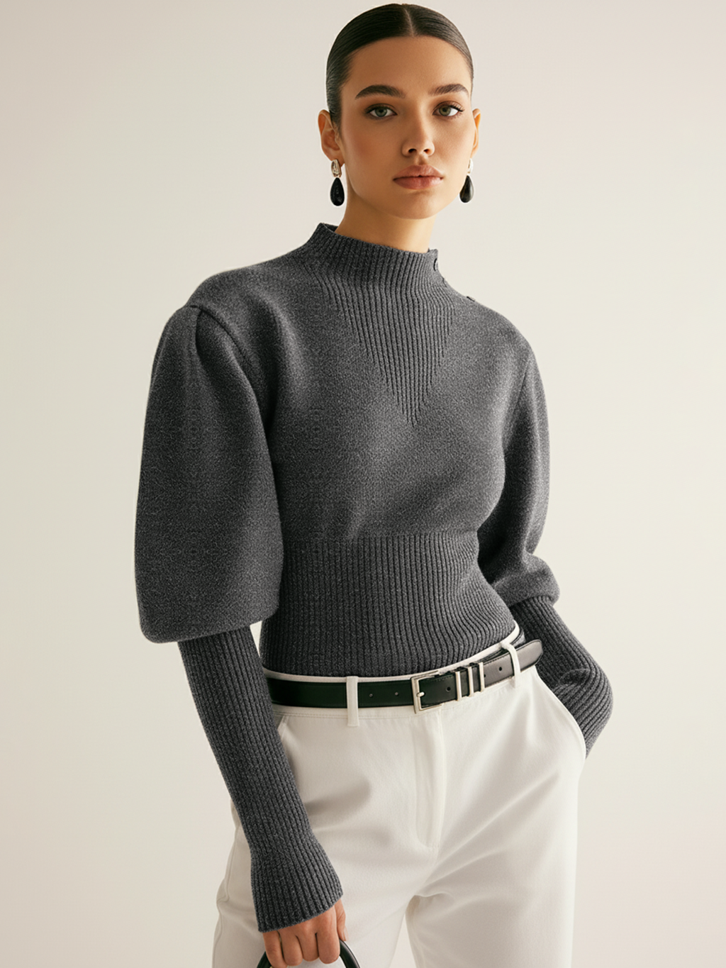 Ribbed Cropped Puff Sleeve Knit Sweater