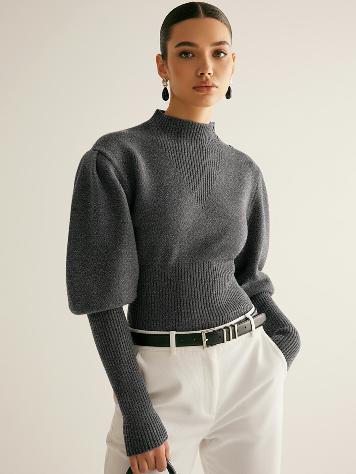 Ribbed Cropped Puff Sleeve Knit Sweater