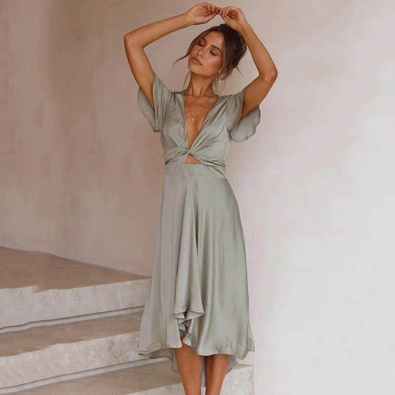Flutter Sleeve Knot Front Midi Dress