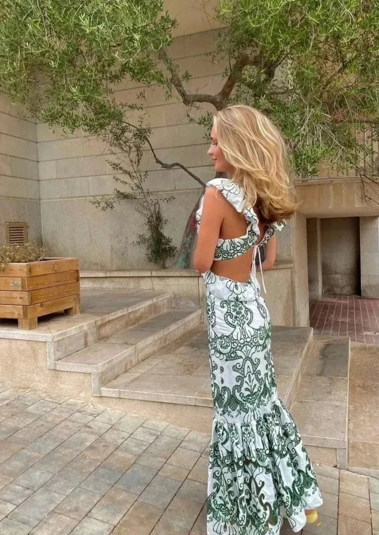 Green Floral Cut Out Maxi Dress
