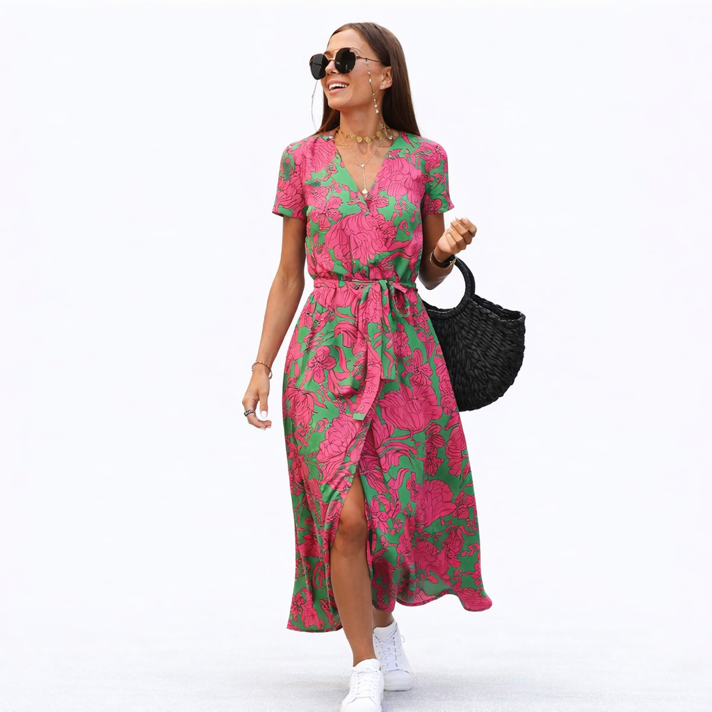 Summer Floral Wrap Midi Dress