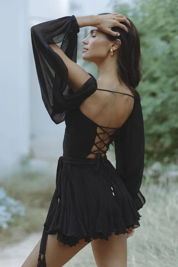 Long Sleeve Pleated Mini Dress