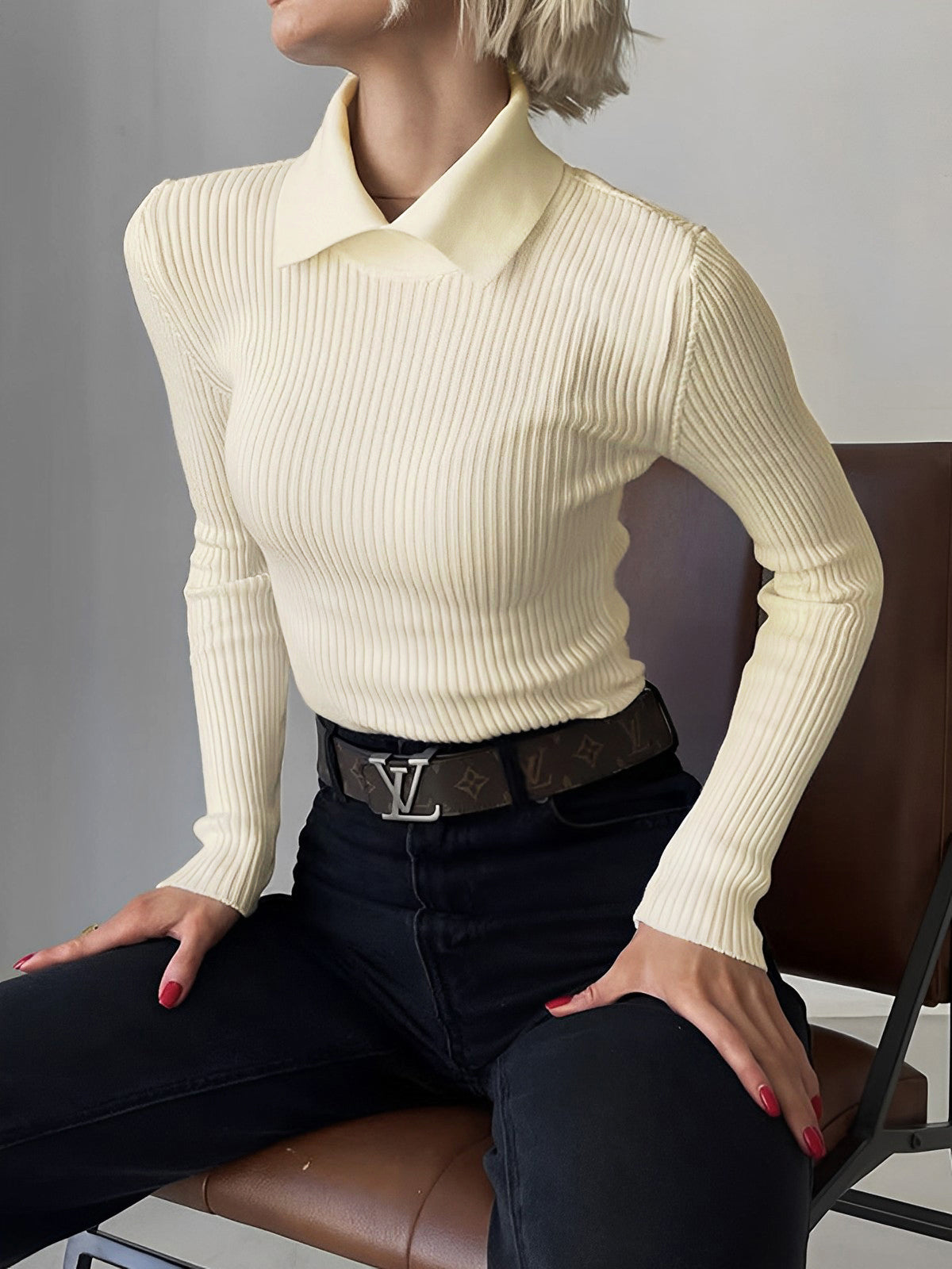 Ribbed Long Sleeve Polo Top
