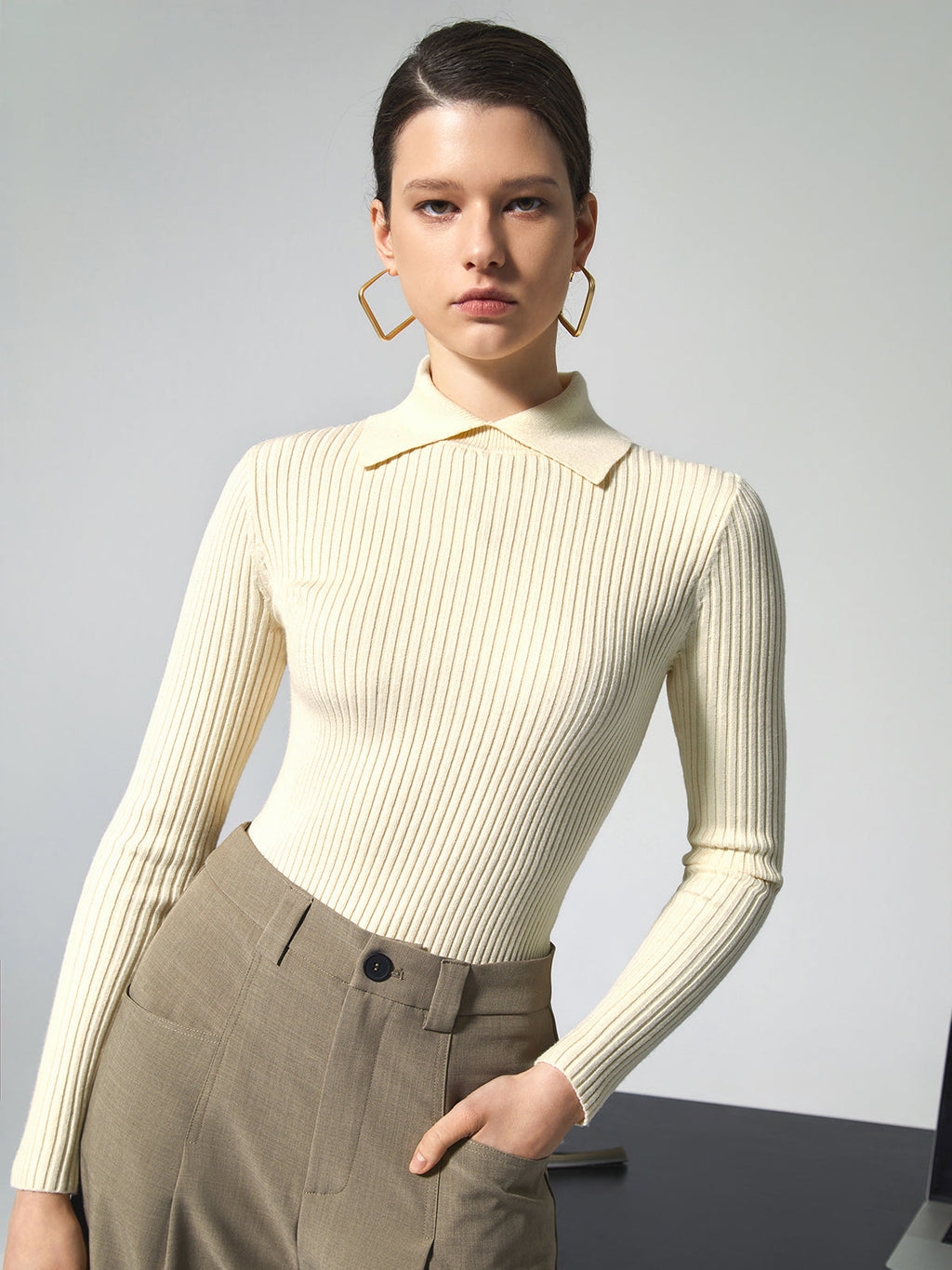 Ribbed Long Sleeve Polo Top