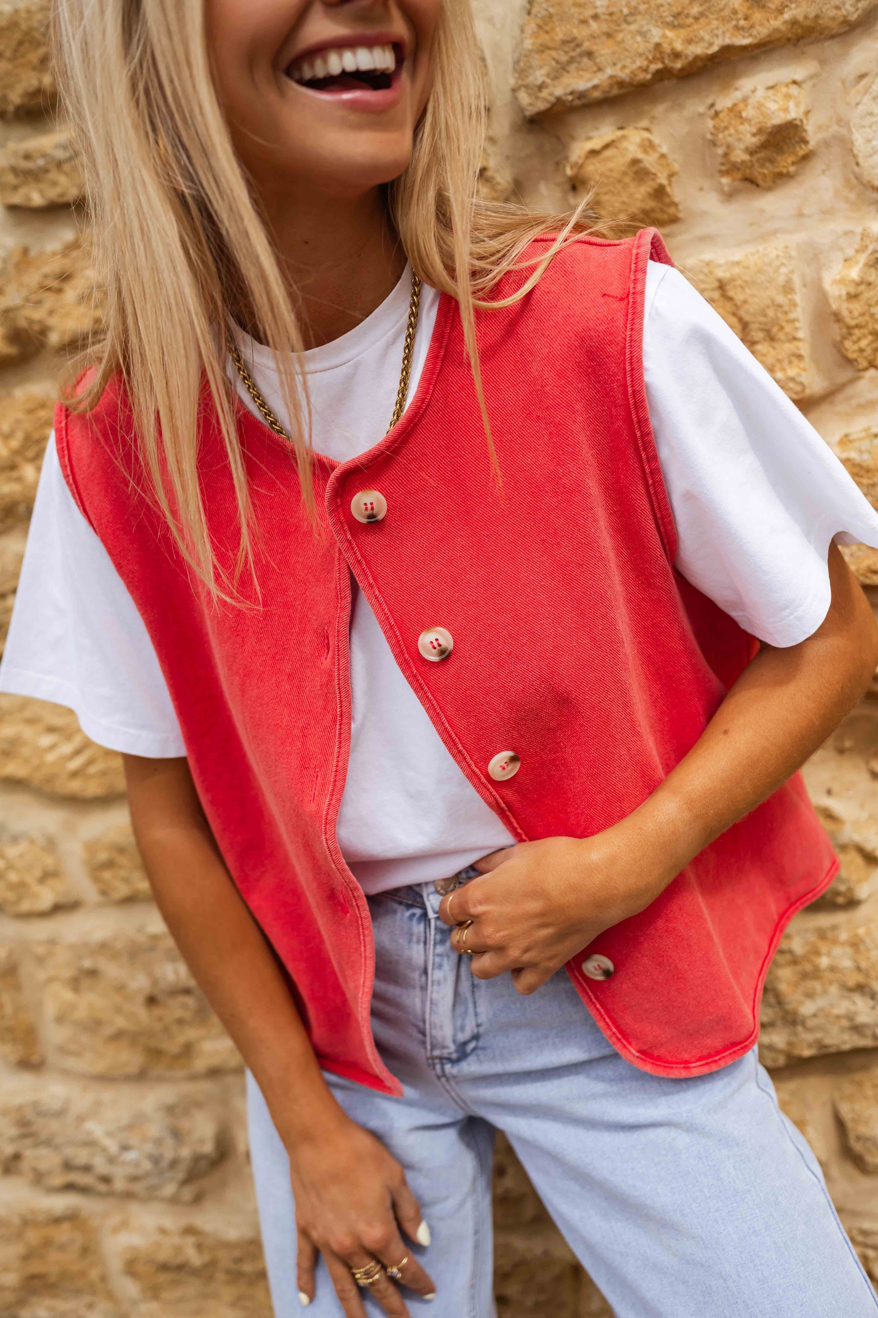 Red Button-Front Gilet