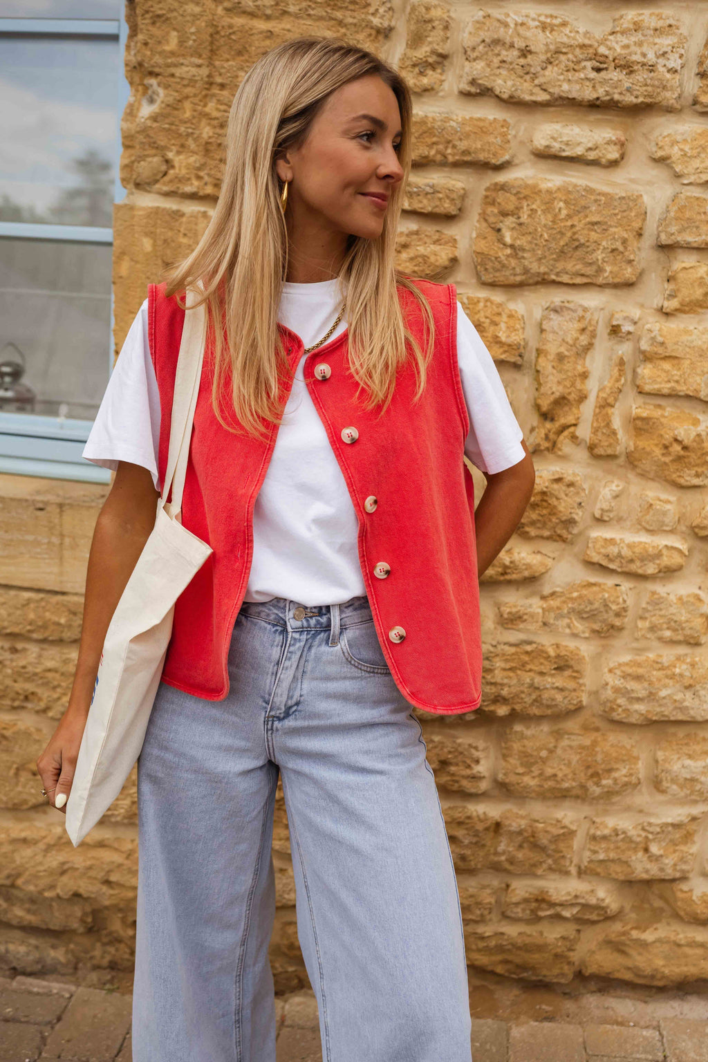 Red Button-Front Gilet