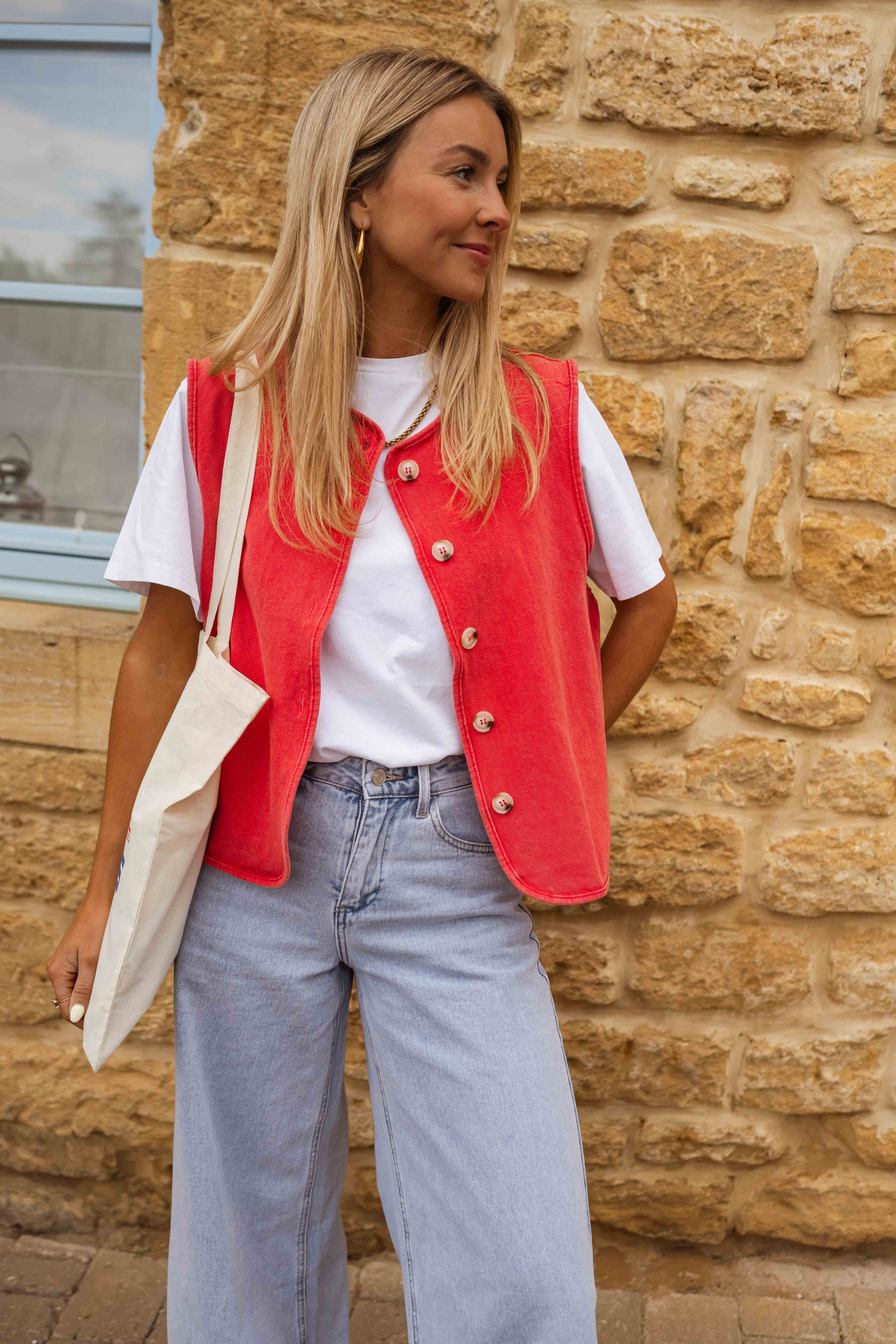 Red Button-Front Gilet