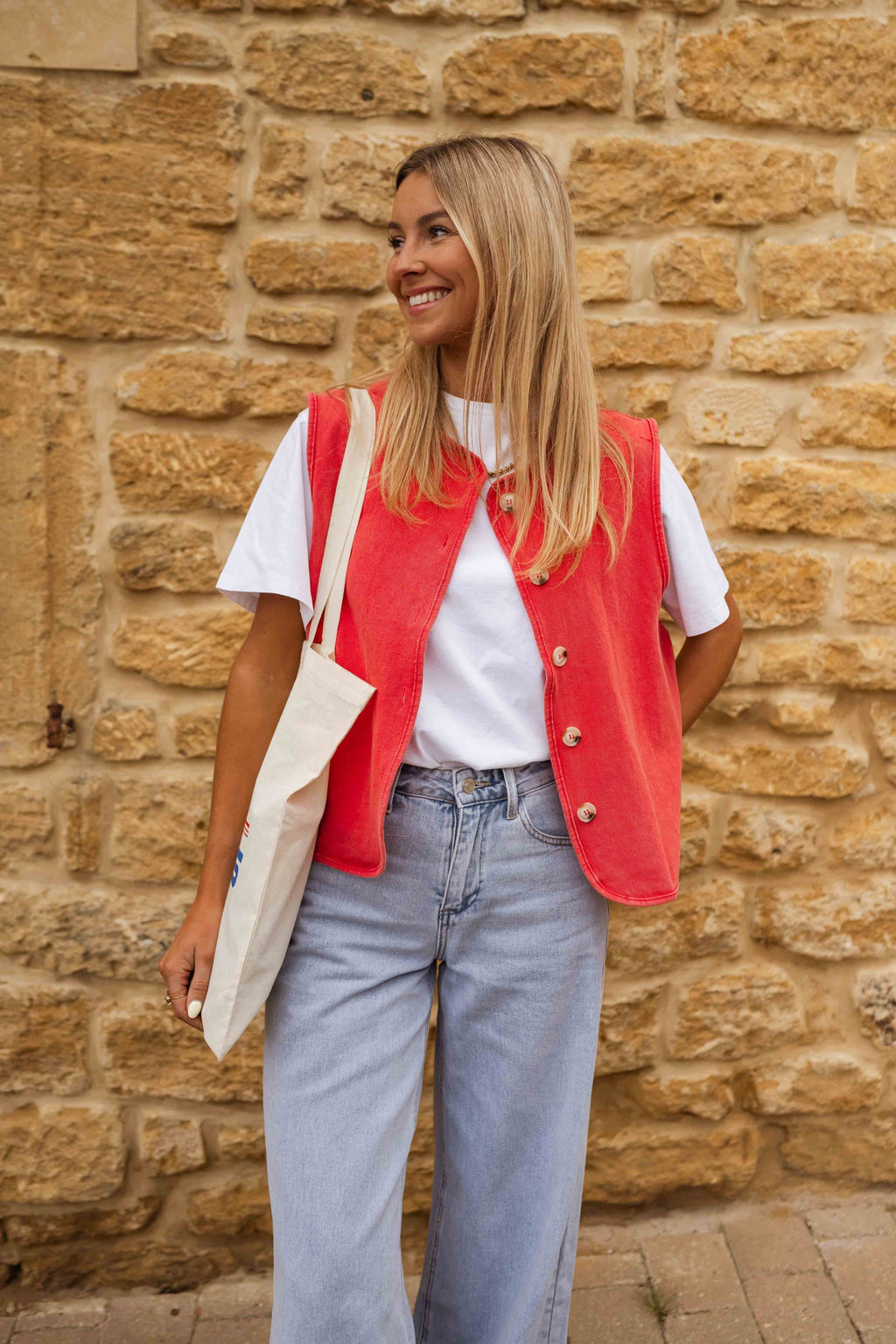 Red Button-Front Gilet