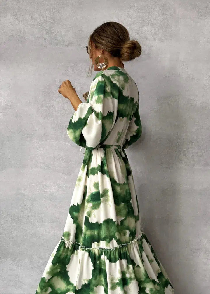 Green Print Bohemian Maxi Dress