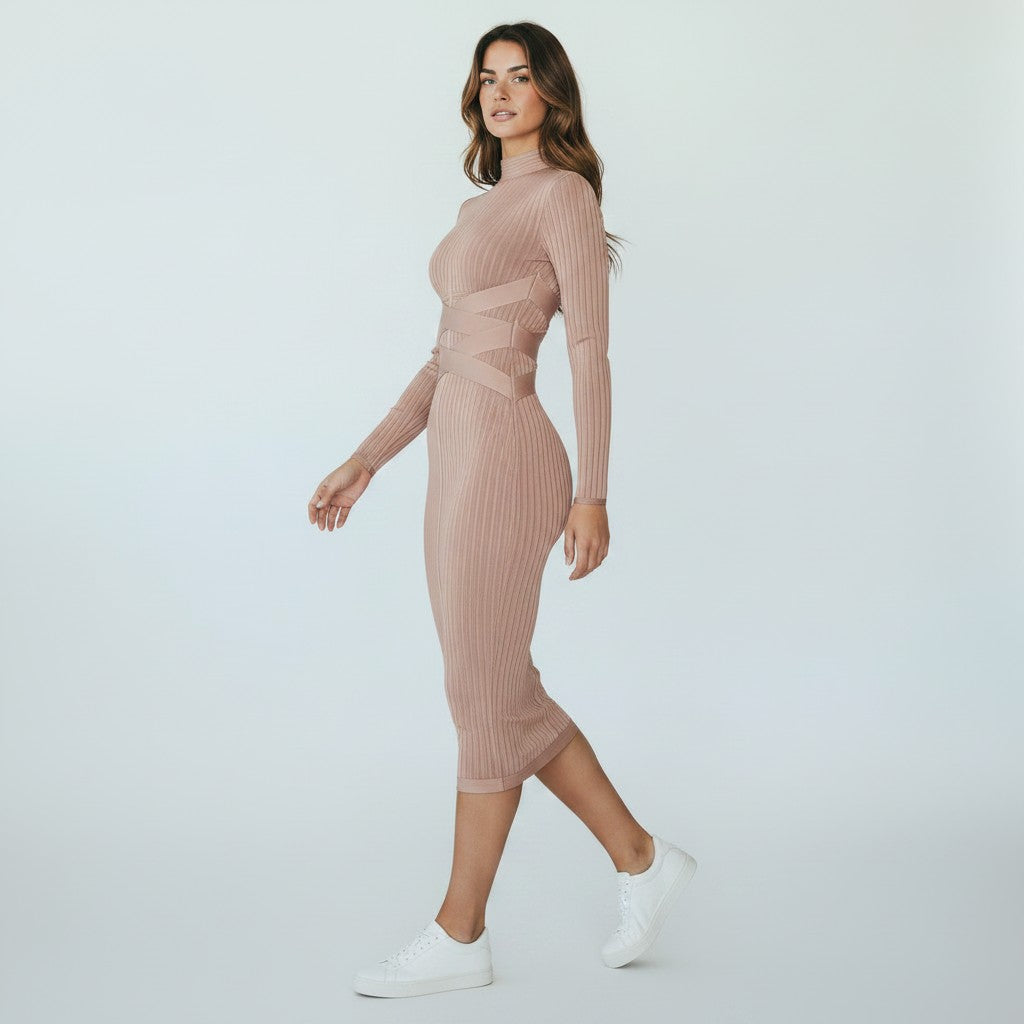 Ribbed Mock Neck Midi Dress