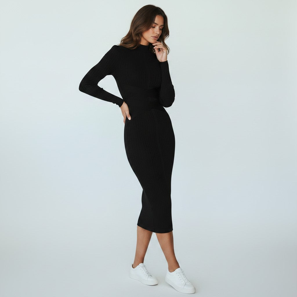 Ribbed Mock Neck Midi Dress