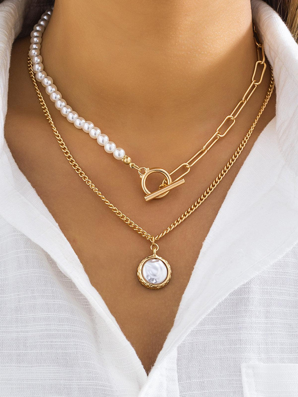Gold Tone Layered Pearl Necklace