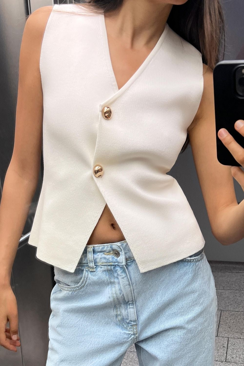 V-Neck Button Sleeveless Top