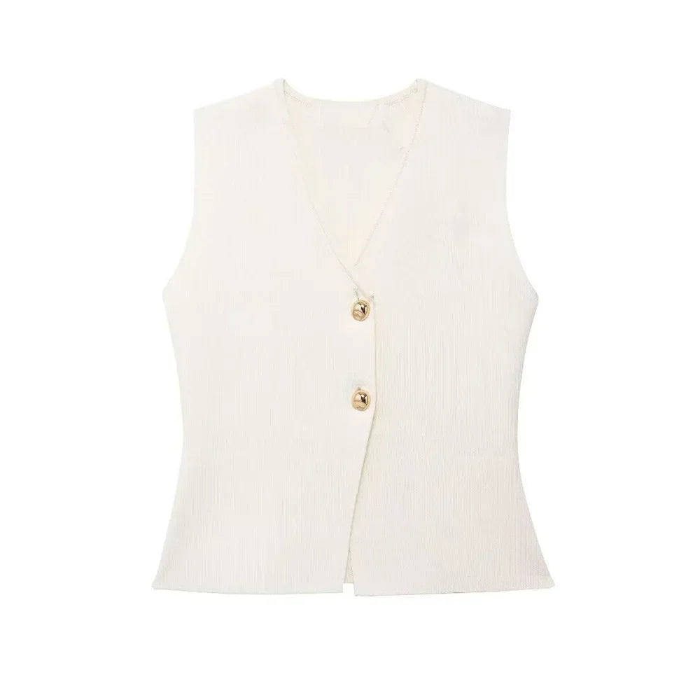 V-Neck Button Sleeveless Top