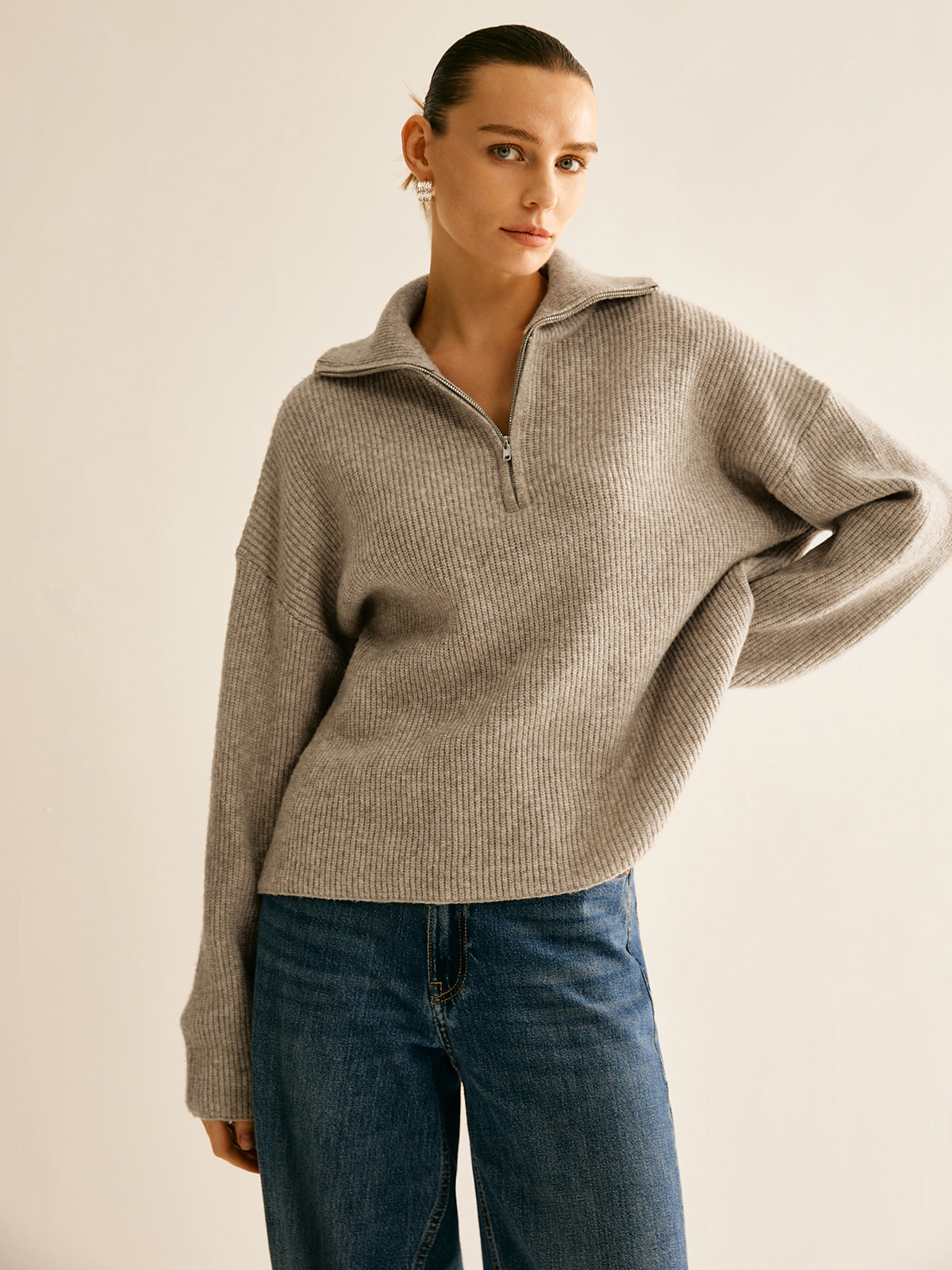 Casual Ribbed Knit Zipper Sweater