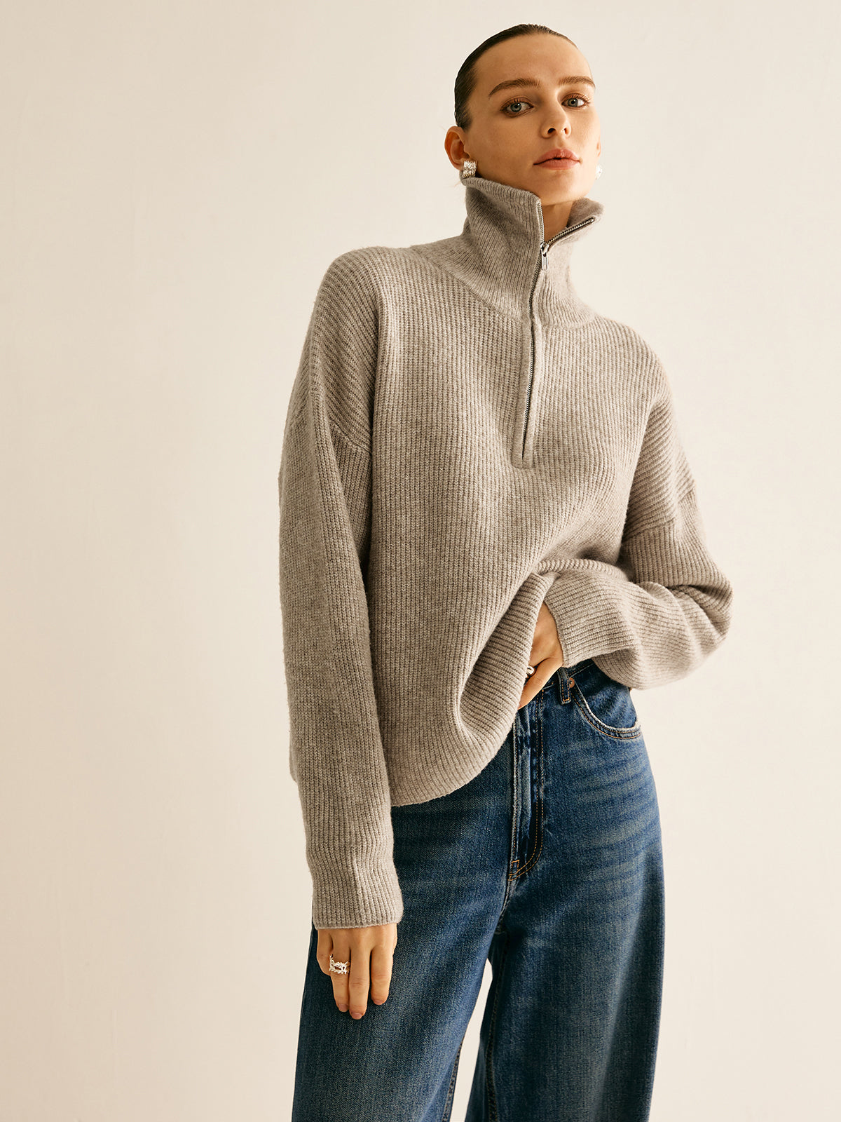 Casual Ribbed Knit Zipper Sweater
