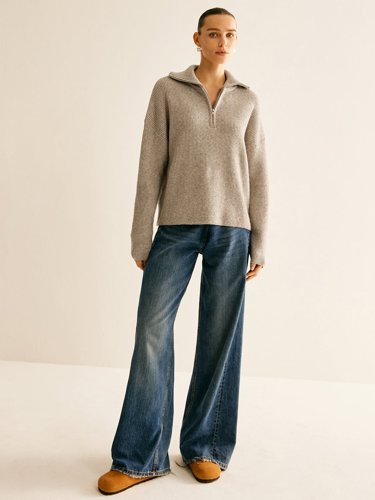 Casual Ribbed Knit Zipper Sweater