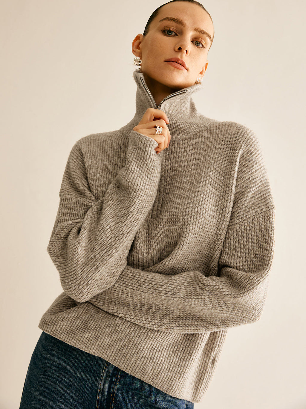 Casual Ribbed Knit Zipper Sweater