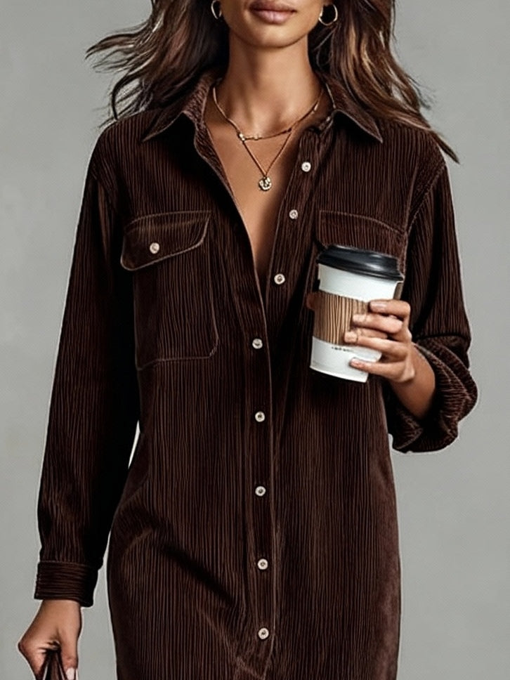 Button-Front Corduroy Midi Shirt Dress