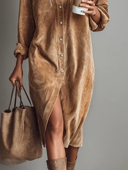 Button-Front Corduroy Midi Shirt Dress
