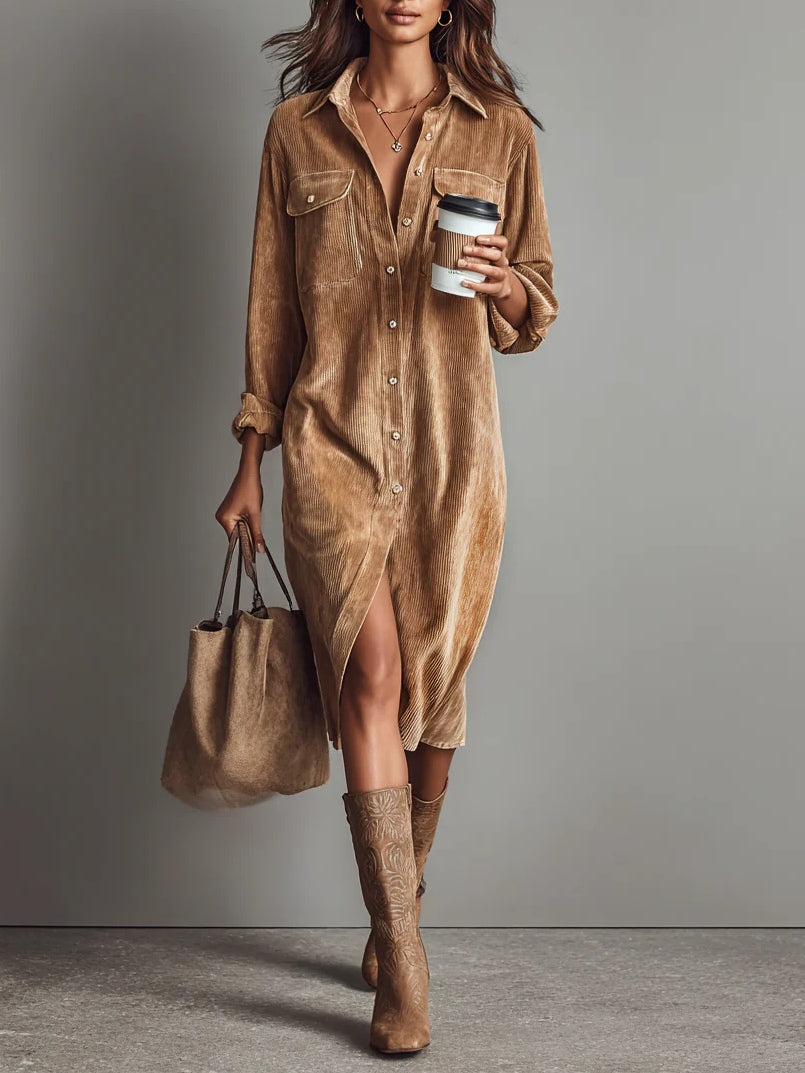 Button-Front Corduroy Midi Shirt Dress