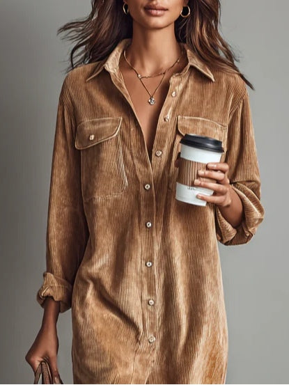 Button-Front Corduroy Midi Shirt Dress