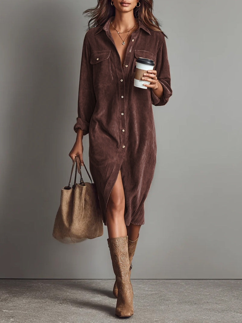 Button-Front Corduroy Midi Shirt Dress