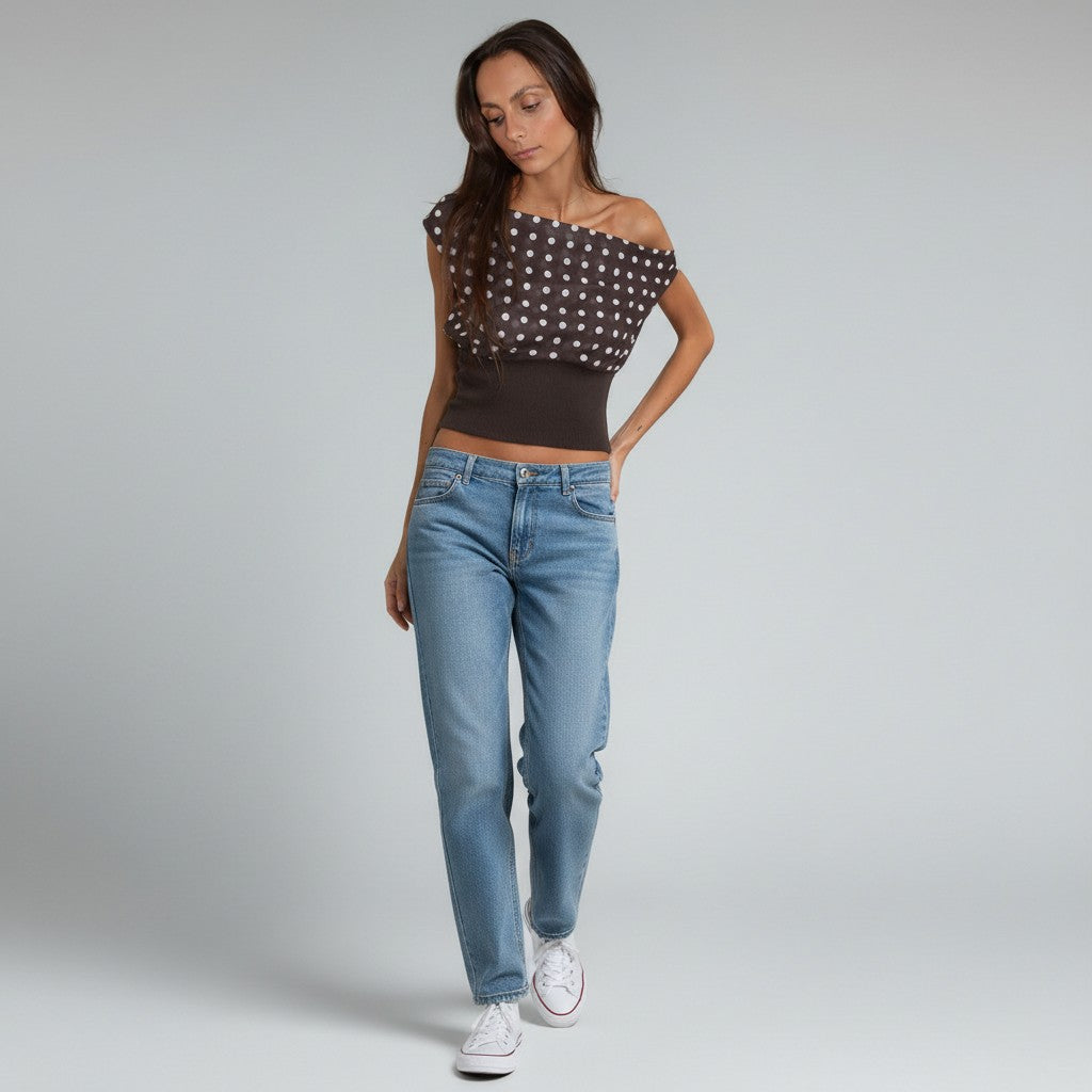 Draped Polka Dot Off Shoulder Top