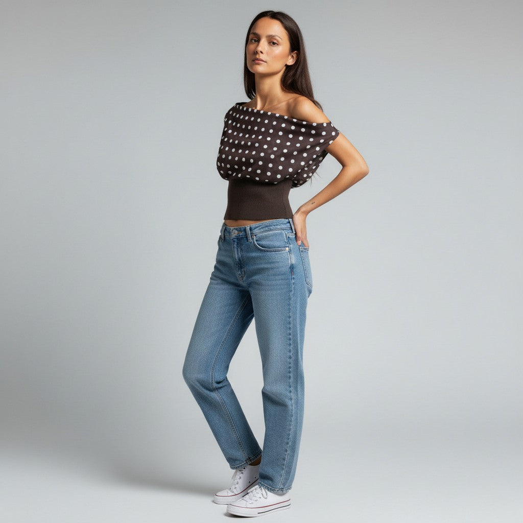 Draped Polka Dot Off Shoulder Top