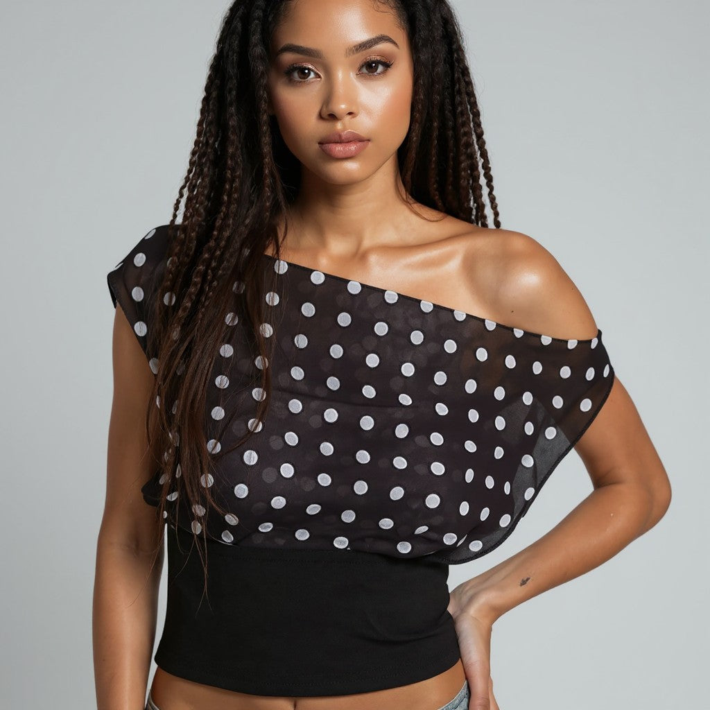 Draped Polka Dot Off Shoulder Top