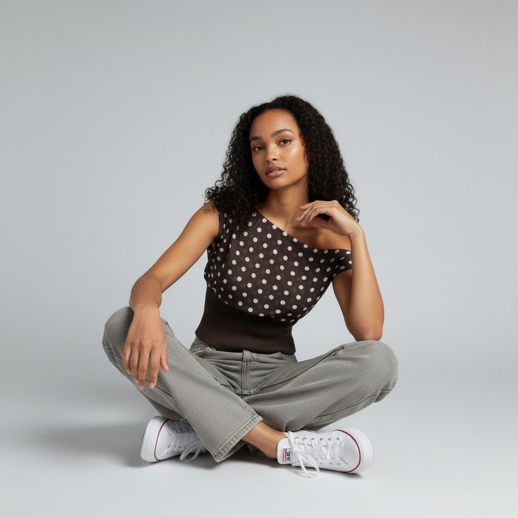 Draped Polka Dot Off Shoulder Top
