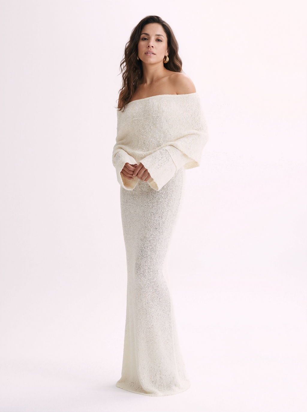 Bouclé Off Shoulder Maxi Dress