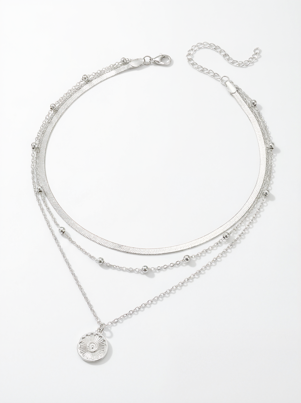 Silver Triple Layered Pendant Necklace