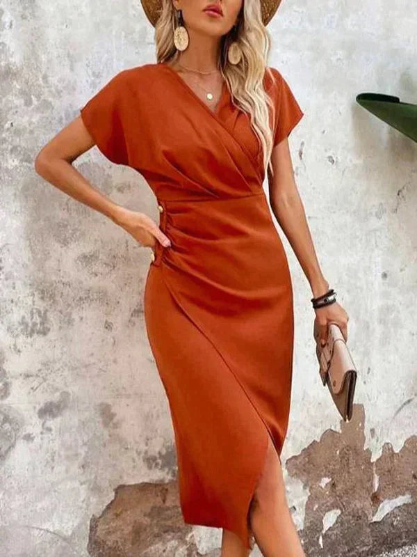 Casual Rust Wrap Midi Dress