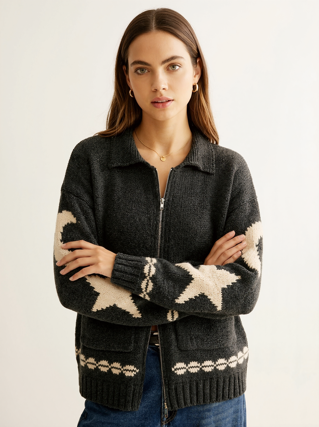 Star Print Zip Cardigan