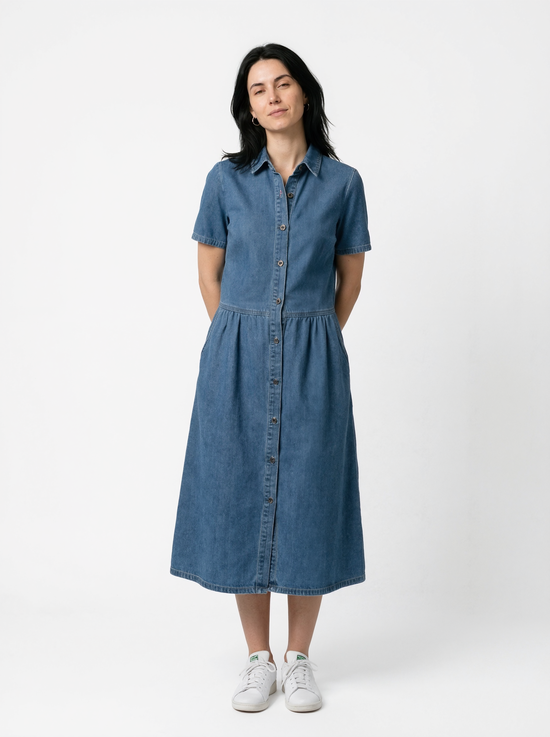 Button Front Denim Midi Dress