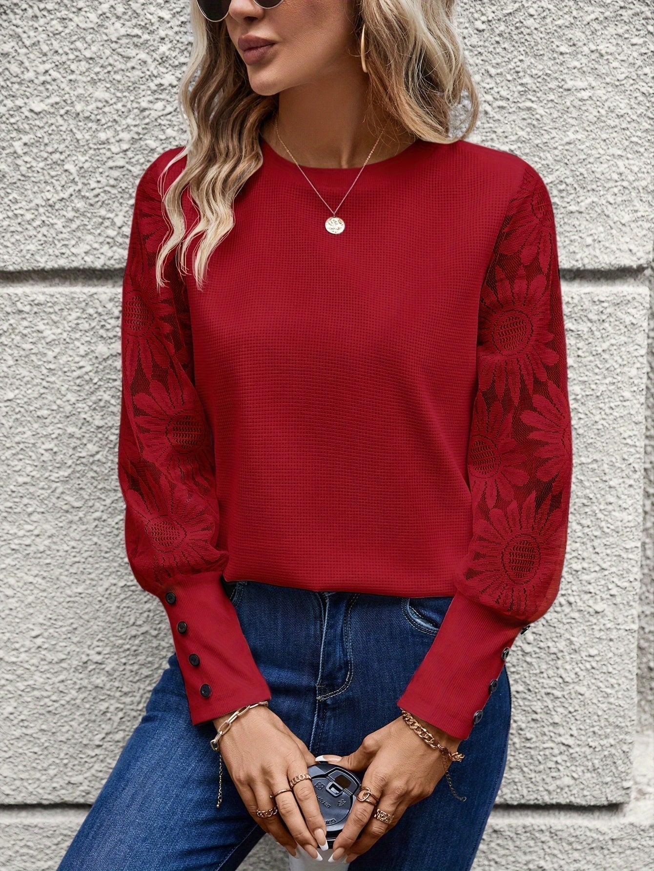 Floral Lace Waffle Knit Blouse
