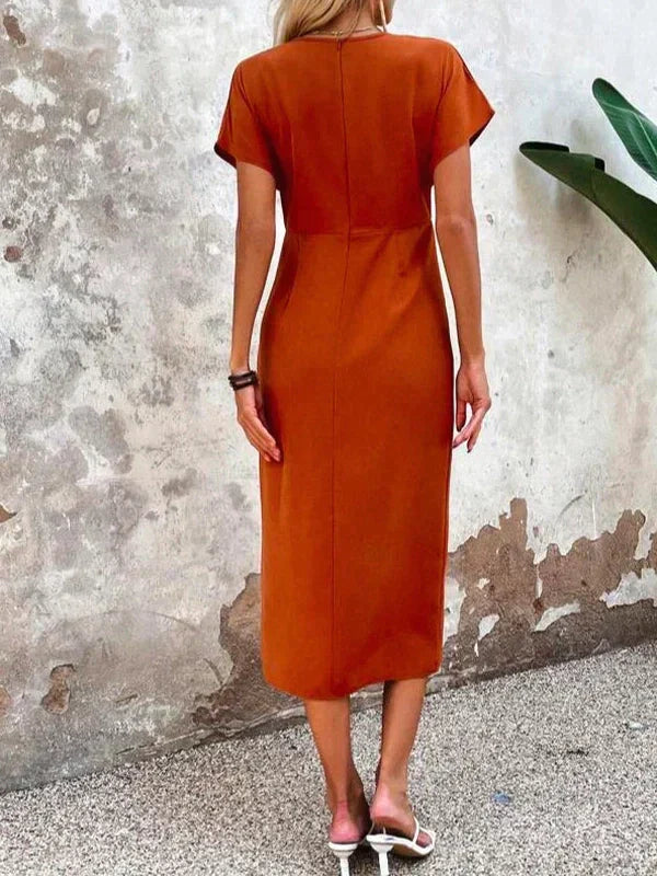 Casual Rust Wrap Midi Dress