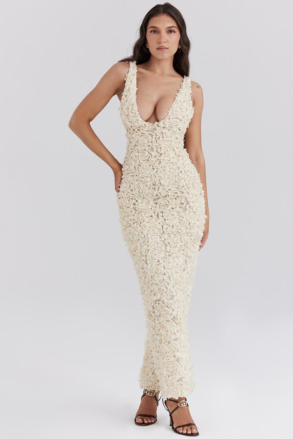 3D Rose Appliqué Sleeveless Maxi Dress