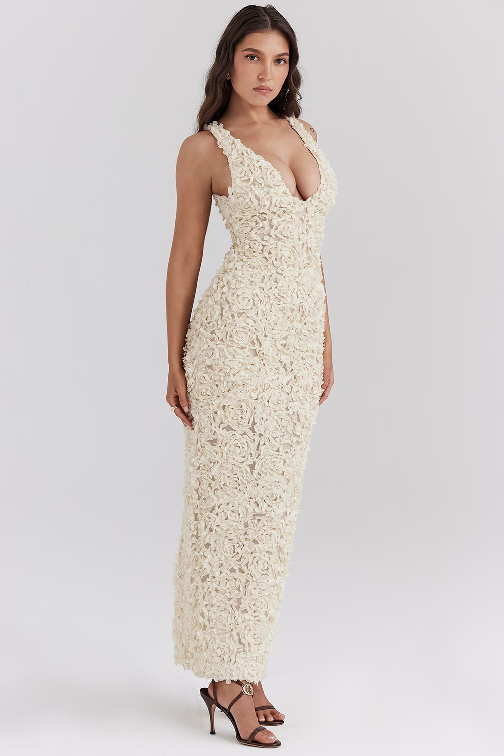 3D Rose Appliqué Sleeveless Maxi Dress