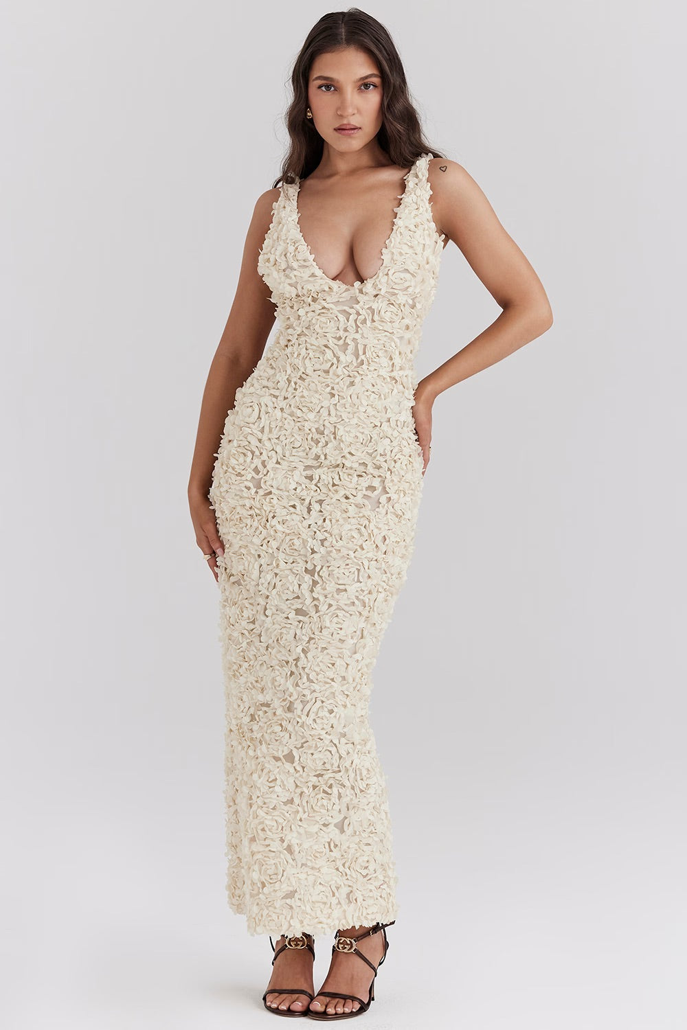 3D Rose Appliqué Sleeveless Maxi Dress