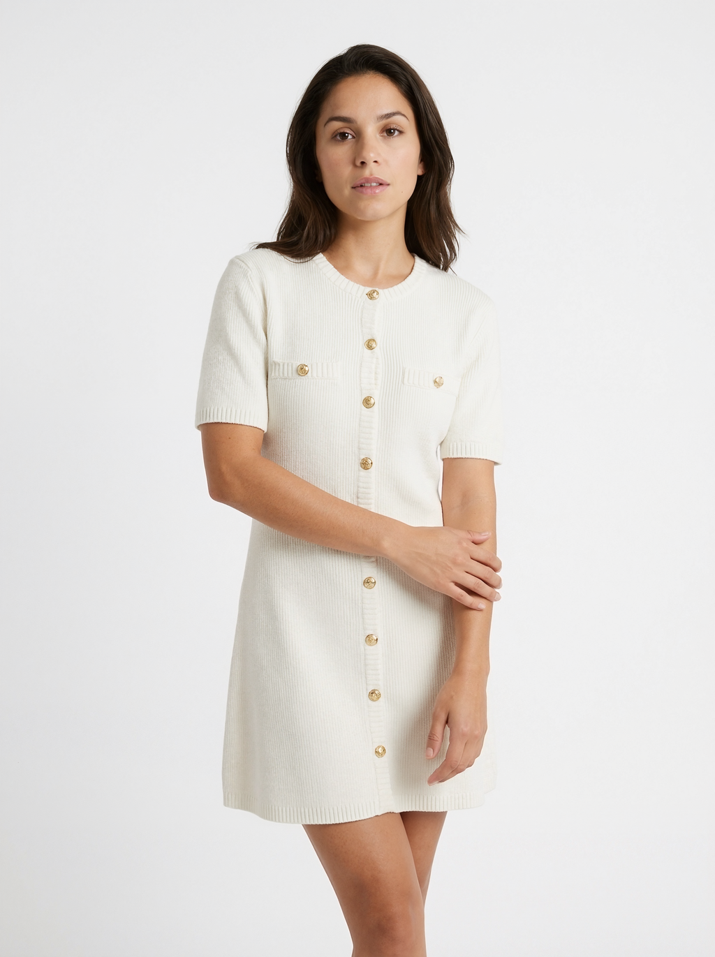 Ribbed Gold Button Mini Dress