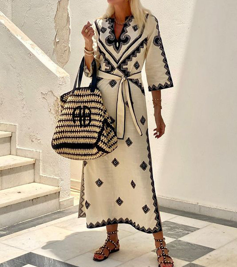 Embroidered Belted Kaftan Dress