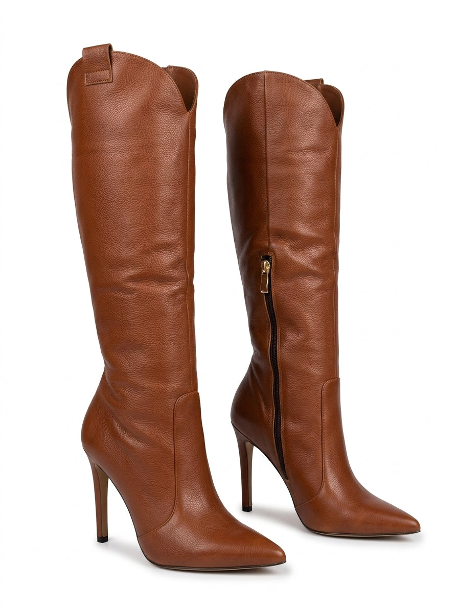 Brown Leather High Heel Tall Boots
