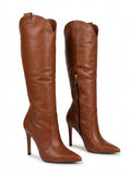 Brown Leather High Heel Tall Boots